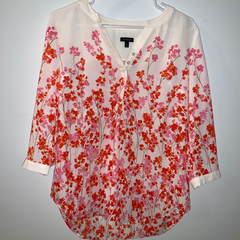 Talbots Peasant Blouse with Pink & Orange Flowers